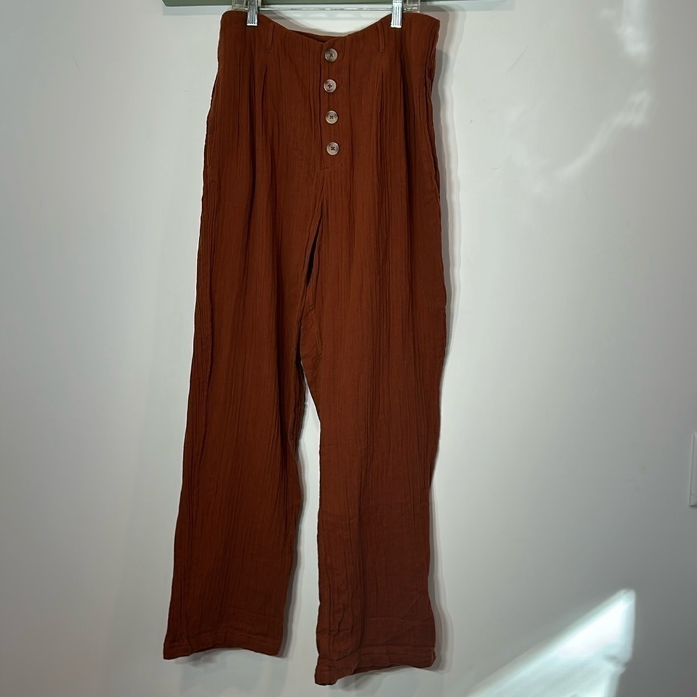 L*SPACE GAUZE COTTON GEORGIE BUTTON FRONT PANTS HIGH WAIST XL RUSTIC Orange